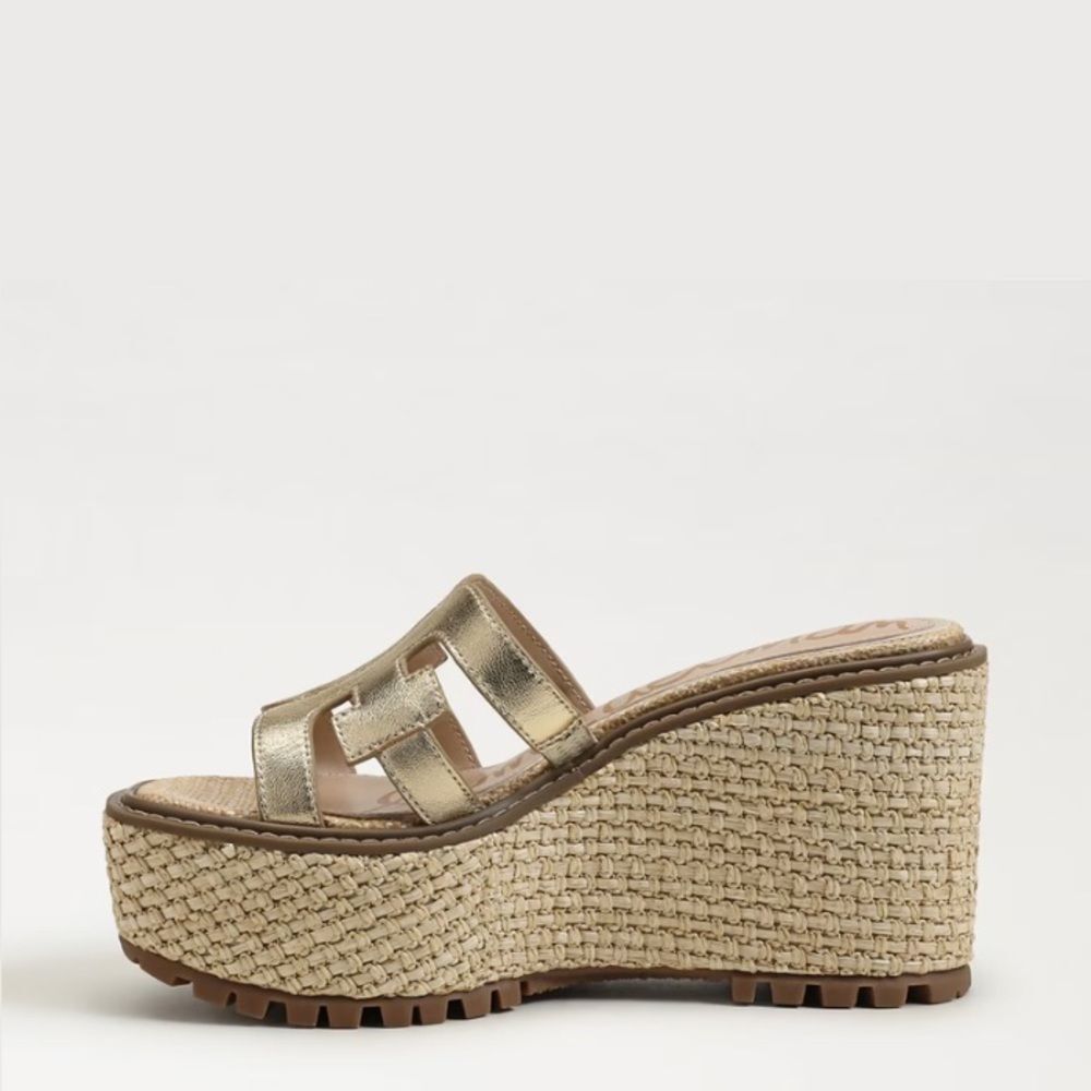 NEW Sam Edelman Laine Platform Wedge Sandal Gold Leather Size 9.5 - Picture 4 of 5